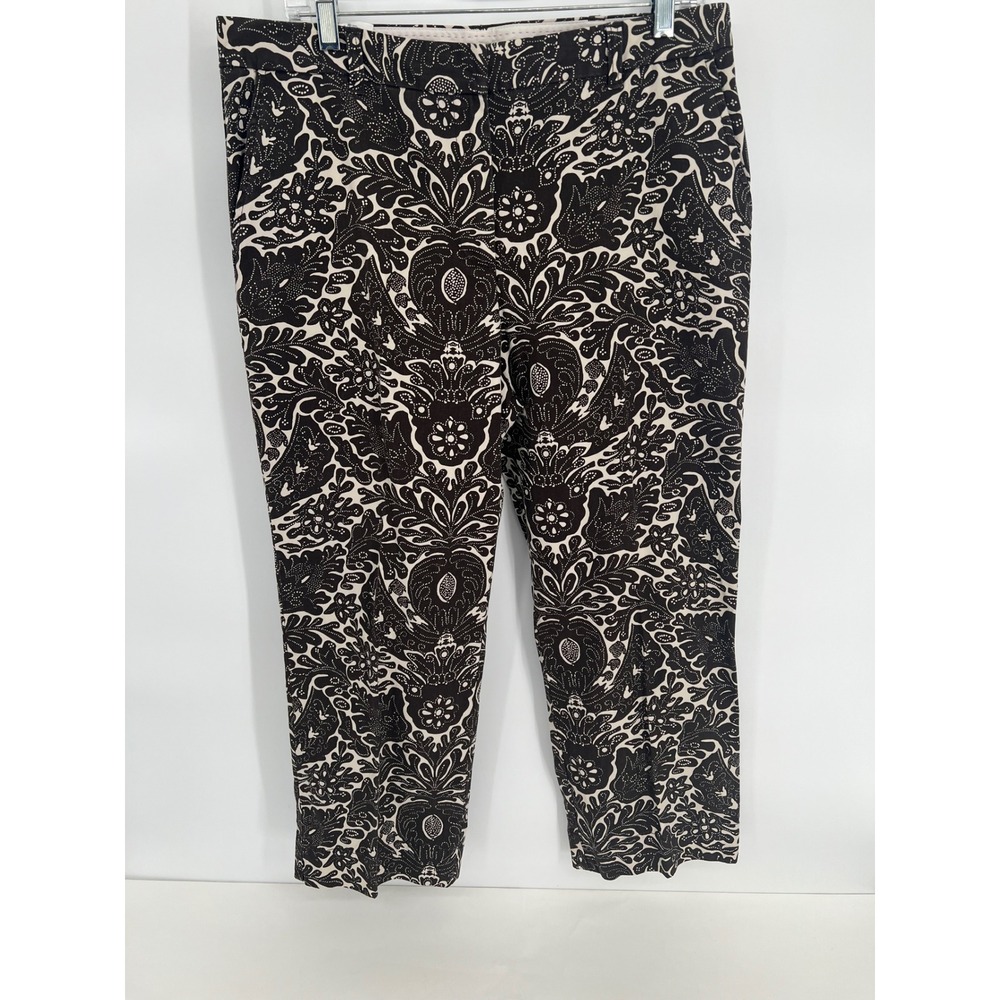 Lands End Womens 12 Brown Cream Damask Floral Cotton Ankle Pants Straight Leg